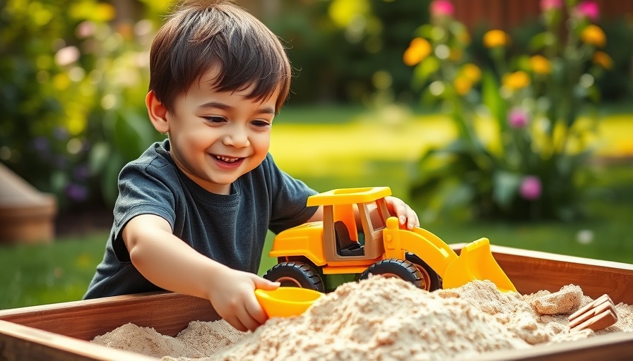 Child playing with BIG Power Worker Classic Bagger in sandbox.