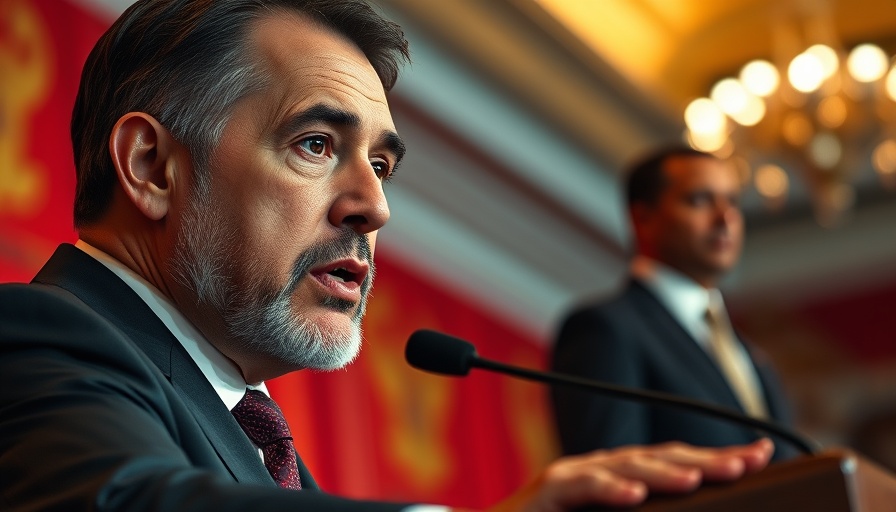 Focused man speaking at a podium indoors, red background.