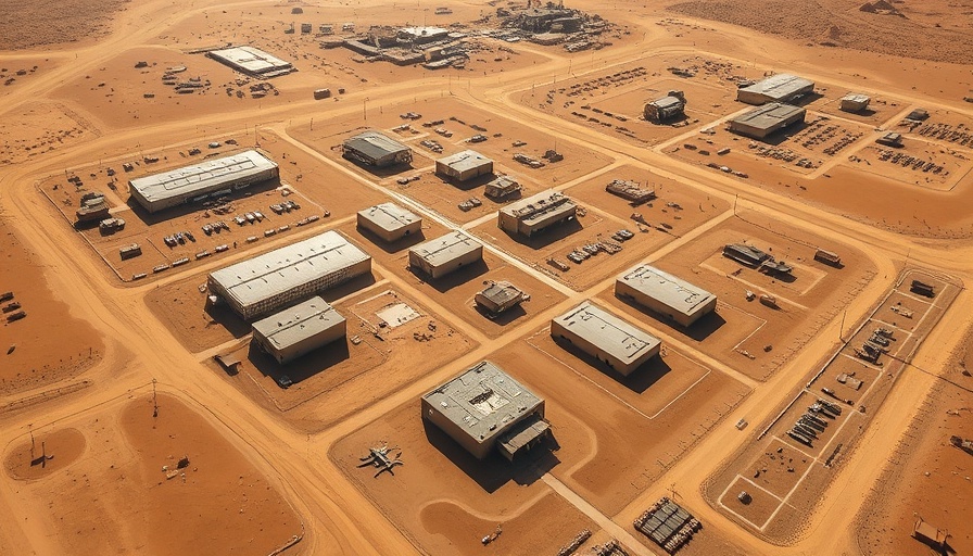 Aerial view of large desert military base under bright sun.