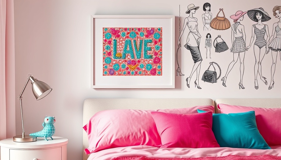 Colorful bedroom with sequined art and vibrant cushions, Collection Sequins Carletto decor.