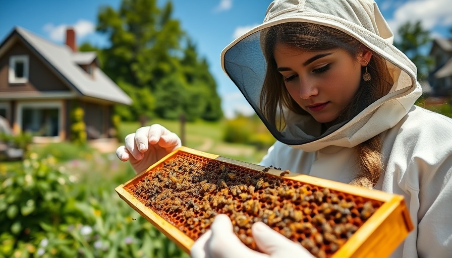 Bienen-Influencerin auf Instagram examining honeycomb in garden.