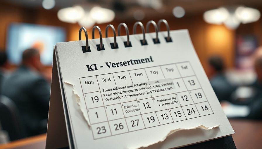 Calendar with KI-Verordnung, deadline shifted to 2026, blurred meeting backdrop.