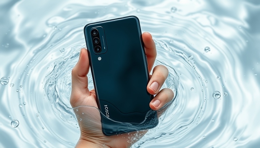 Hand holding Poco F7 smartphone underwater with rippling effect.