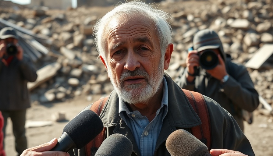 Elderly man speaking at rubble site; historischer Sieg Netanjahu Iran Waffenruhe.