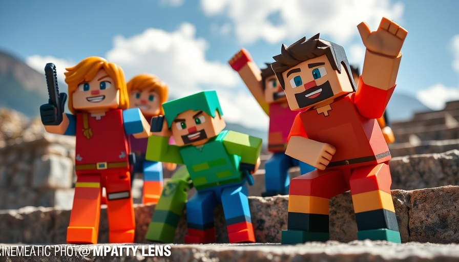 Neue Minecraft-Figuren zum Filmstart vor Bergkulisse.