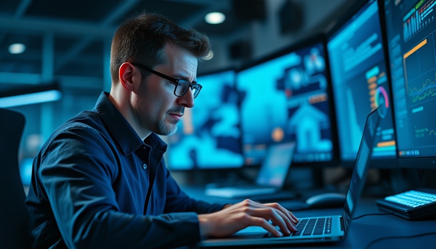 Focused person using laptop in tech environment, accessing data.