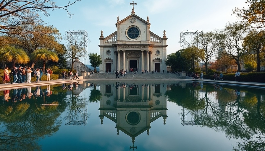 Historic cathedral reflection in modern pool with people observing.