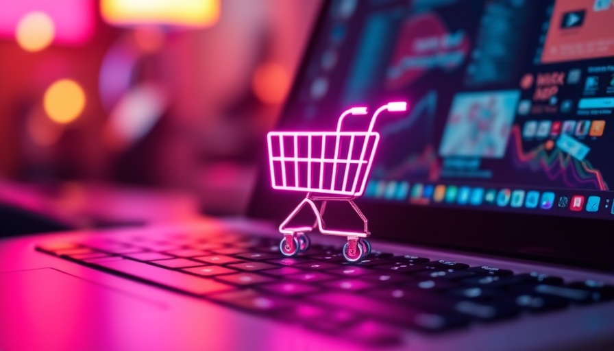 Neon shopping cart on laptop symbolizing Onlinehandel Barrierefreiheit Deutschland.