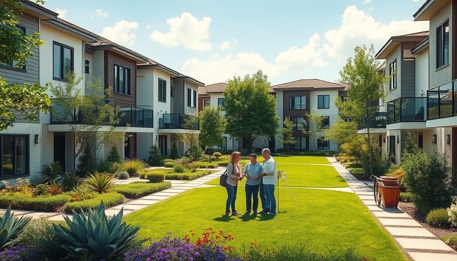 Modern Neubau Stormarn residential complex with gardens and people.