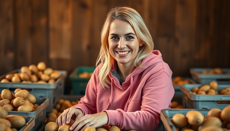 Smiling woman sorting potatoes in warm indoor light