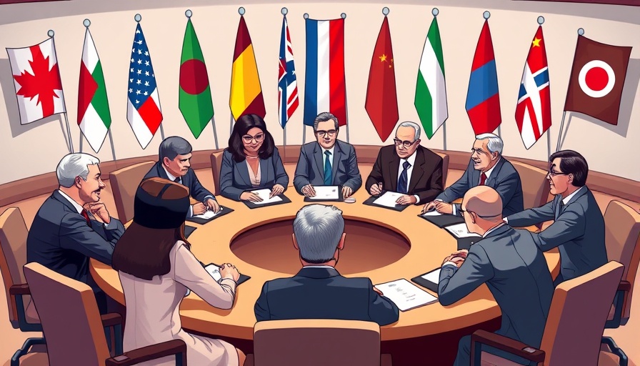 G7 meeting with international flags in cartoon style.