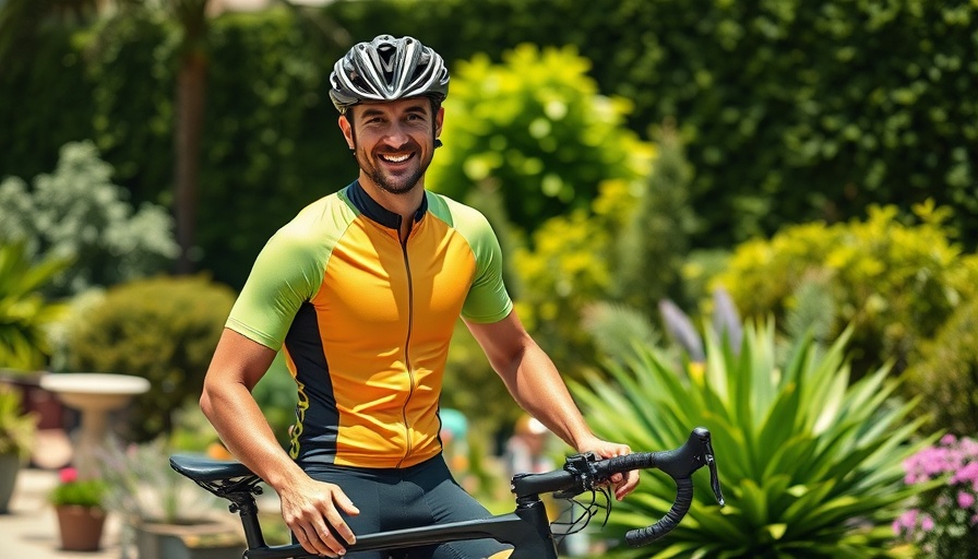 Radreise zum Nordkap cyclist in garden with bike, natural setting