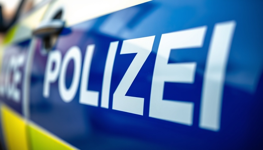 Close-up of police car door with POLIZEI text reflecting light.