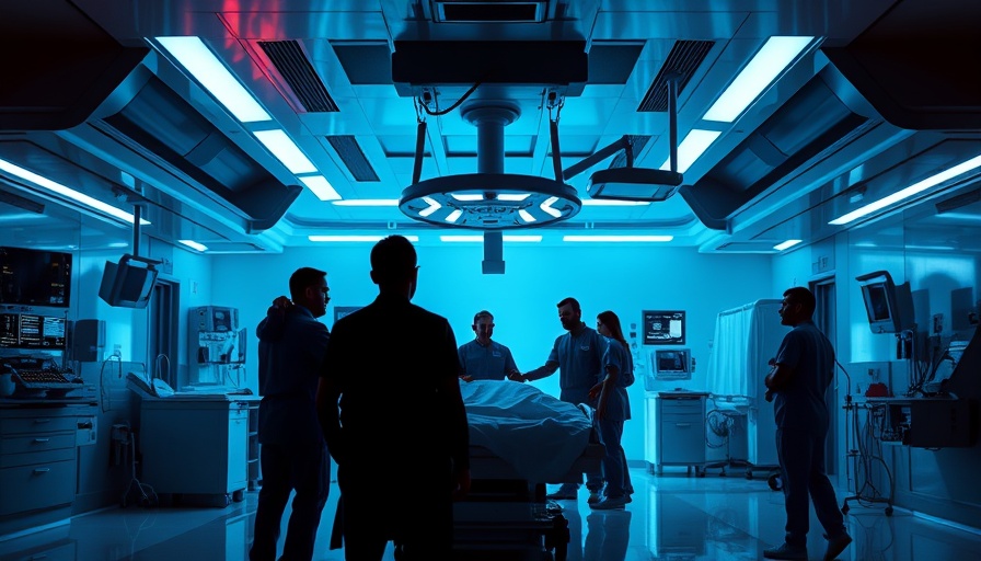 Futuristic hospital cyberattack scene, urgent staff response.