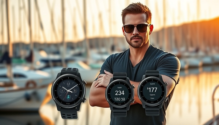 Man wearing Garmin quatix 8 Wassersport Smartwatch at marina.