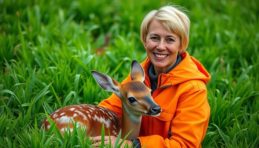 Drohne zur Rehkitzrettung TV show scene with smiling woman and fawn.
