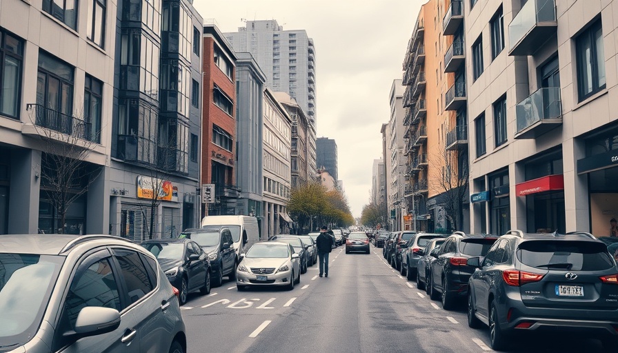 Urban street scene in Stormarn with parked cars, pedestrians walking.