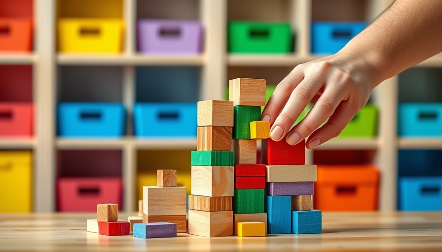 Hands arranging GRIMM'S Holzspielzeug colorful blocks.