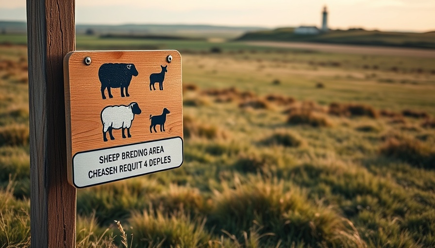 Goldschakal Sylt: Peaceful landscape with sheep area sign and lighthouse.