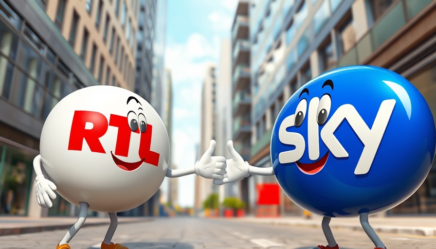 RTL and Sky logos as characters shaking hands in a city.