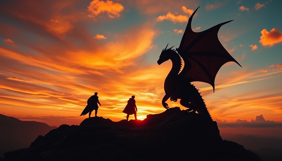 Silhouetted dragon and person on cliff with sunset sky - Lizenzspielwaren zu Drachenzähmen leicht gemacht.