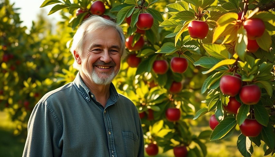 Older man in apple orchard, Erntezeit auf dem Obstgut Lüssow scene.