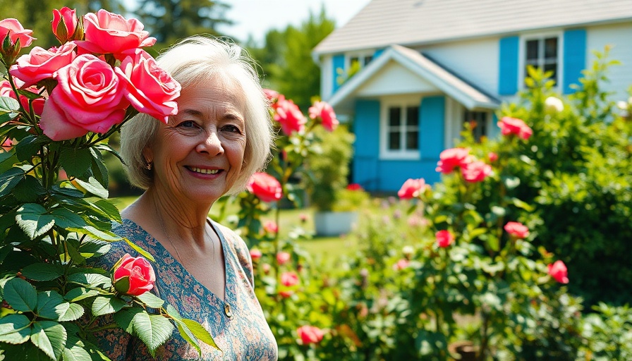 Woman in Kleingärten in Altona garden with roses and house.