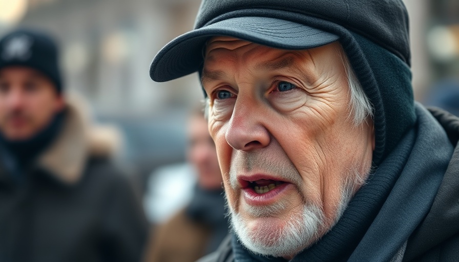 Older man speaking outdoors in a candid moment.
