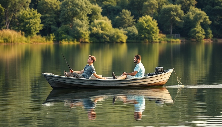 Three men in a boat on Einfelder See, peaceful summer scene.