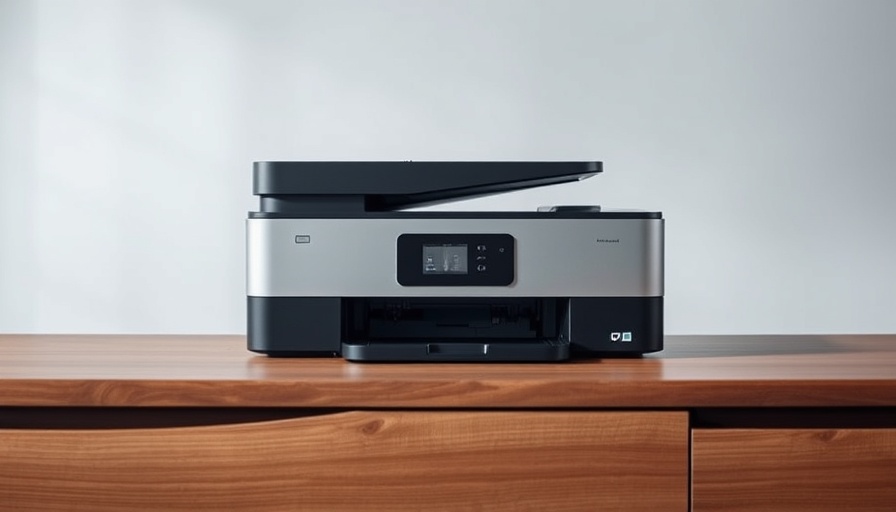 Sleek HP Smart Tank 7005 printer on a wooden desk, minimalistic design