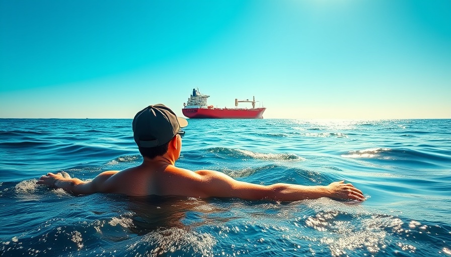 Extremschwimmen Fehmarnbelt Herausforderung: Swimmer in open water near cargo ship.