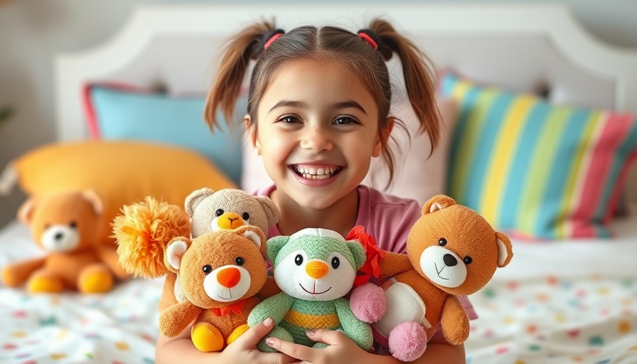 Young girl smiling with Hug-A-Lumps plush toys in colorful bedroom.