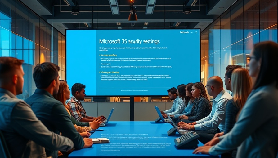 Office scene discussing Microsoft 365 security, teamwork and technology highlighted.