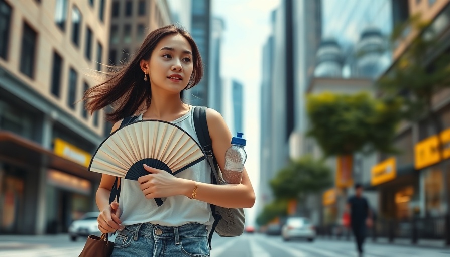 Person carrying fan and water, urban summer scene, idea for Wärmepumpen als Klimaanlagen-Alternative.