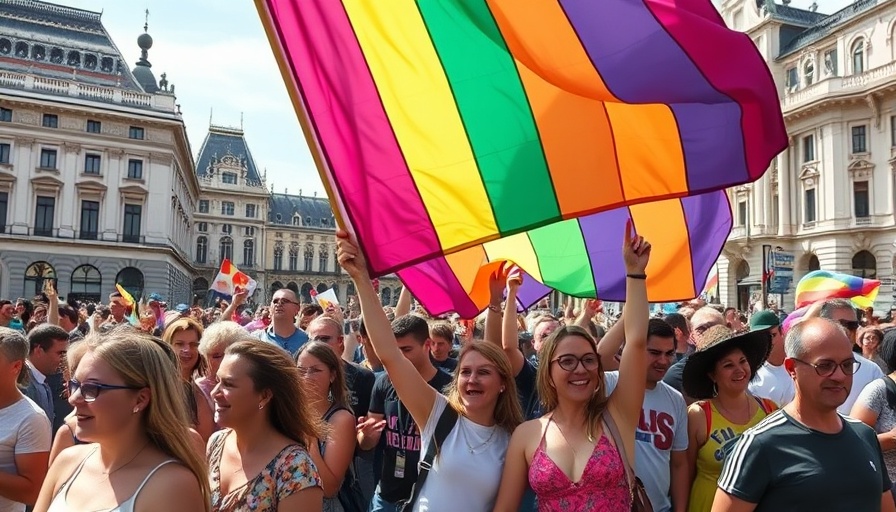 Budapest Pride crowd with rainbow flag in city square.
