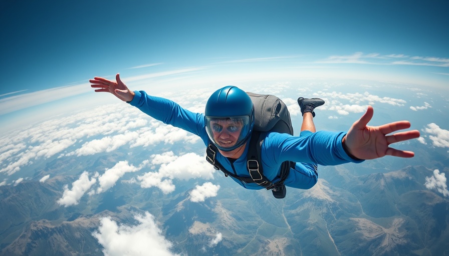Adventurous skydiver with blue helmet in freefall over mountains and clouds.