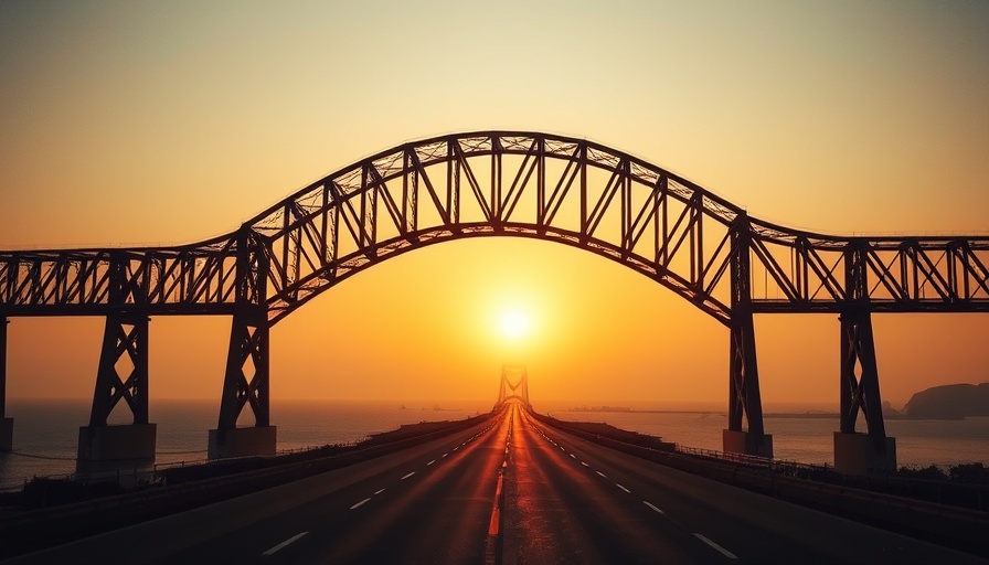 Fehmarnsund Bridge arch glowing at sunset, showcasing its majestic design.