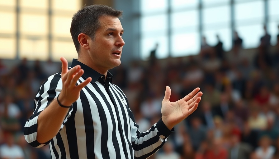 Referee signaling decision in indoor sports match, related to Neue Handballregeln 2025/26.