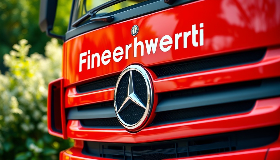 Front of Feuerwehr fire truck with Mercedes logo in focus for Verkehrsunfall Bargfeld-Stegen.