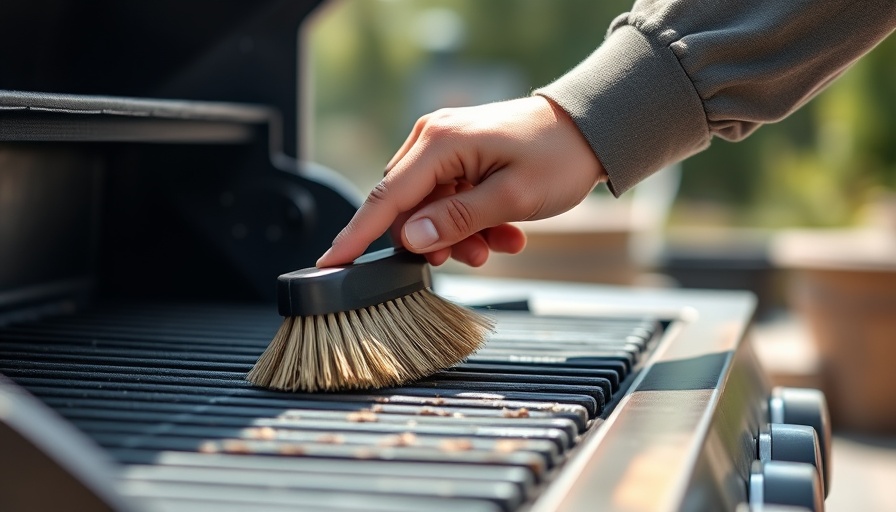 Hand using brush to clean grill, preventing Grill-unfall.