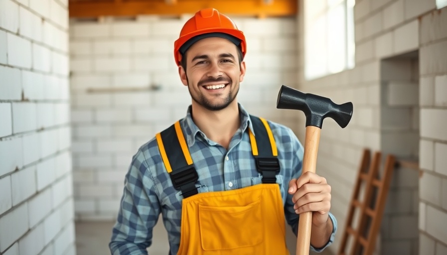 Young mason smiling with tool at construction site, Maurer statt Abitur.