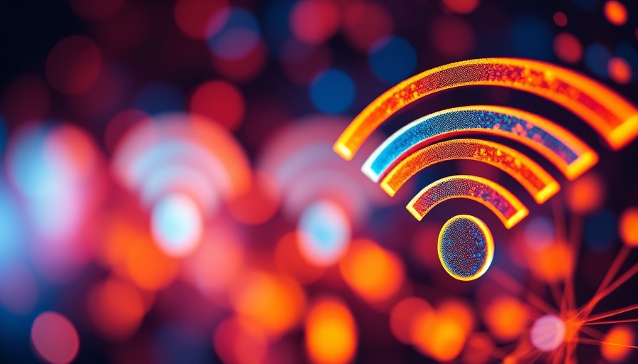 Vibrant WiFi symbols glowing in blue and orange hues.