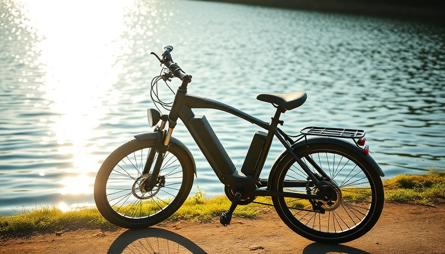 Sleek city e-bike by the shimmering lakeside reflecting sunlight.