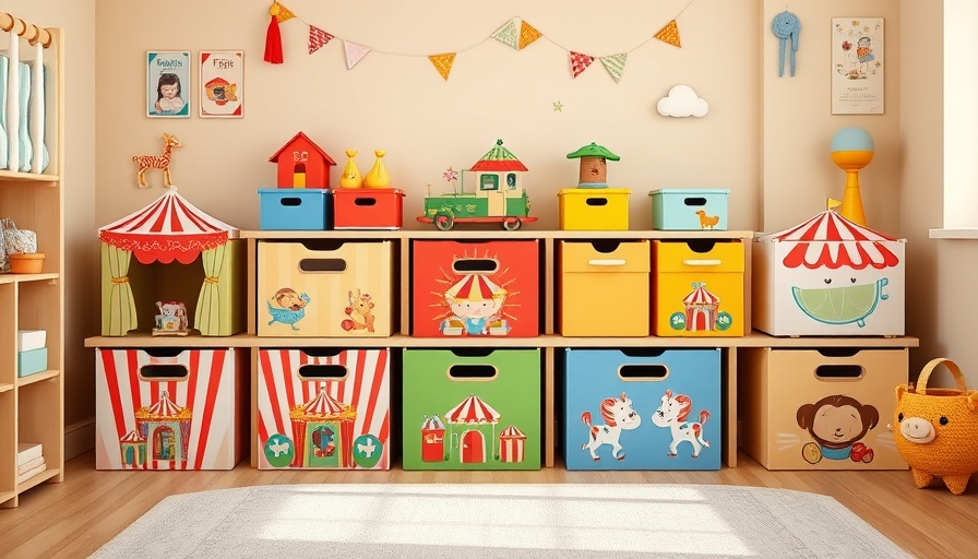Colorful storage boxes in a tidy child's room with warm decor.