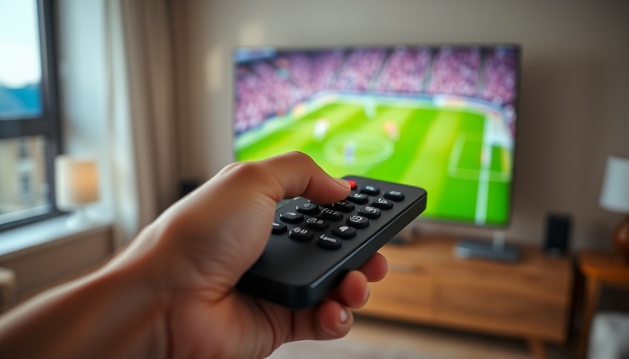 Watching soccer match on TV, focused on remote, vibrant scene.