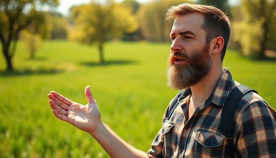 Man gesturing in a field discussing healthy calves and animal husbandry.