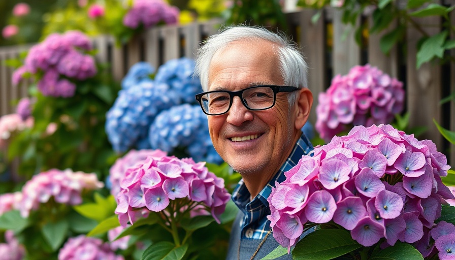 Older man smiling among hydrangeas in a garden setting, YAYA-Partys Flensburg.
