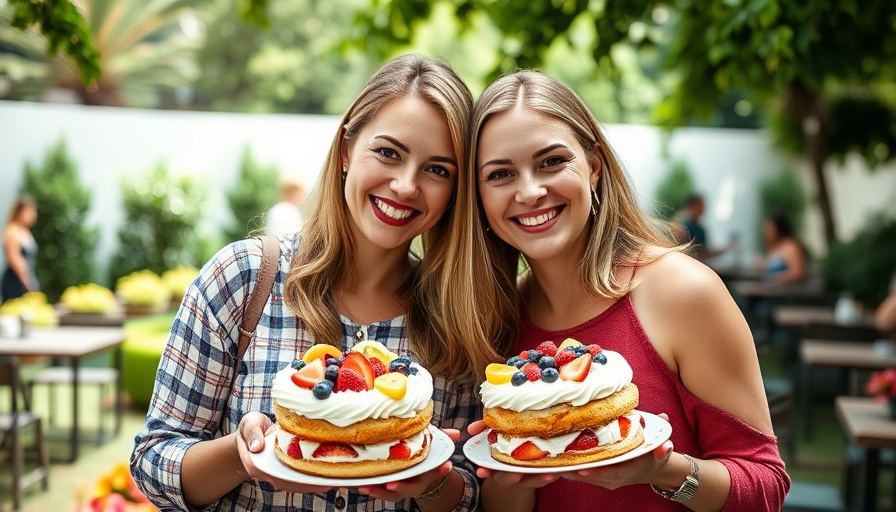 Gut Stockseehof Sommerbesuch: Two women holding cakes in a lush garden setting.