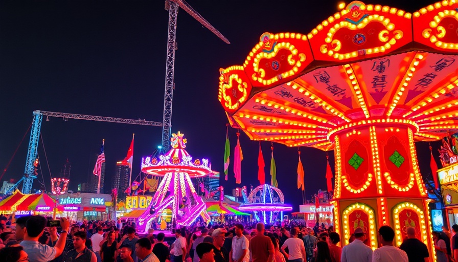 Vibrant amusement park ride at dusk for Ahrensburg Imagefilm.