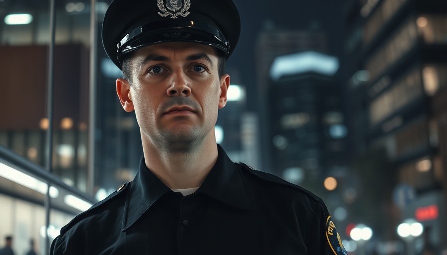 Guard in dark uniform reflecting on cityscape at night.